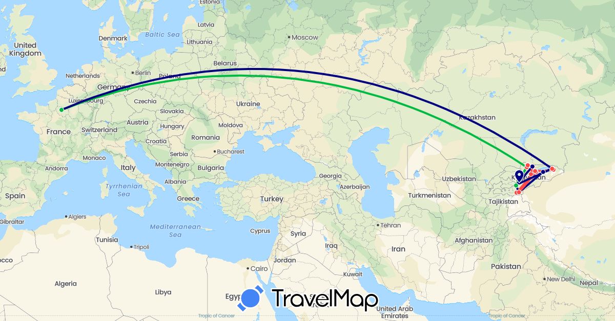TravelMap itinerary: driving, bus, plane, hiking in France, Kyrgyzstan (Asia, Europe)